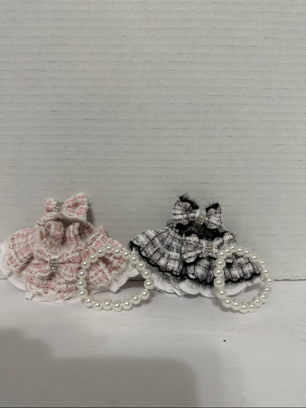 LaBuBu Mini Tweed Rhinestone Bow Dress Duo with Pearl Bracelets and Head Bows